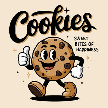 Cartoon chocolate chip cookie with big eyes, smiling, thumbs-up, and sneakers, beside “Sweet bites of happiness” text on a warm beige background: The Logo for JSC-Creations.CC